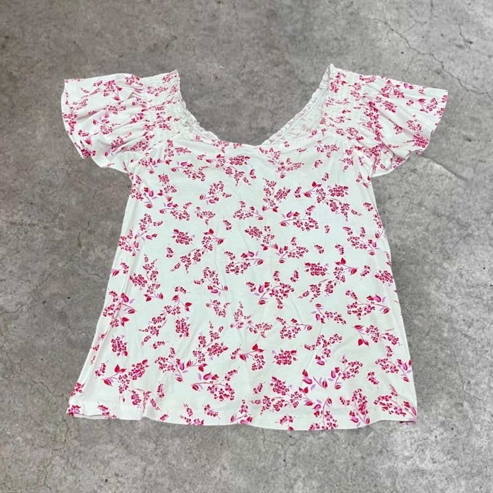 y2k white and red floral flutter sleeve top small
